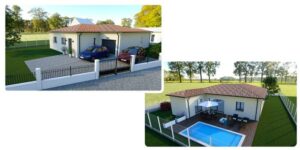 Projet de construction de maison à Bouloc : vues 3D de la maison de face et de dos, jardin avec piscine
